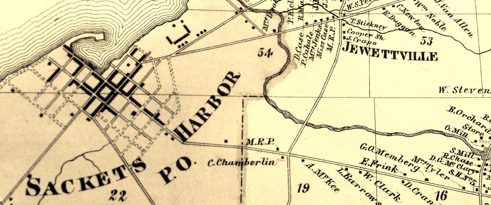 Portion of a map of Sackets Harbor and the Town of Hounsfield from the late 1800s